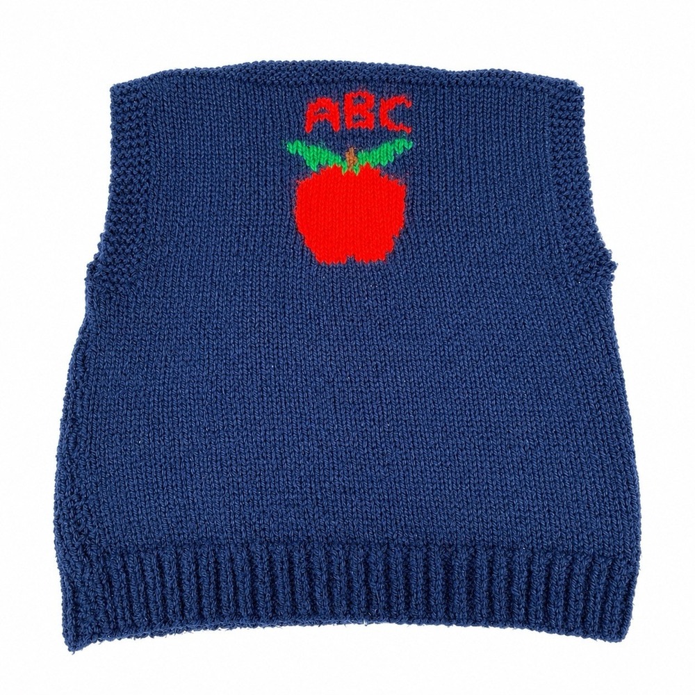 Handmade Girls Knit Sweater Vest Size 6-8 ABC Apple Navy School 90s Vintage